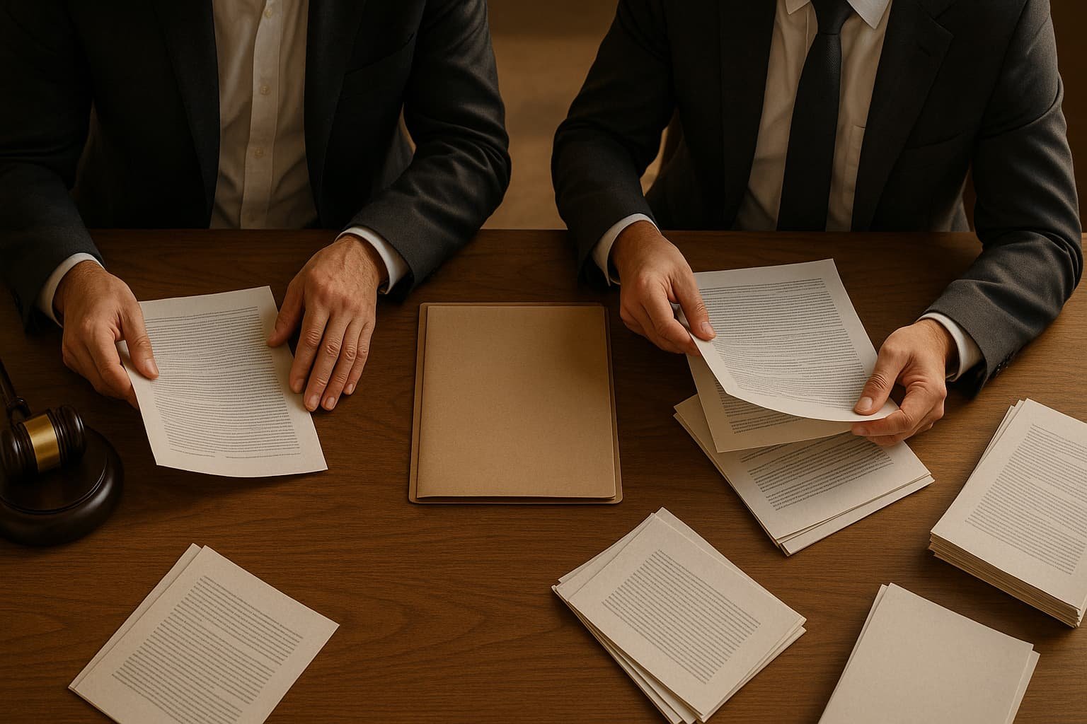 Vista cenital de una reunión profesional en un escritorio de madera, con manos revisando y firmando documentos legales. Imagen sin rostros que simboliza la gestión jurídica para salir del Veraz.