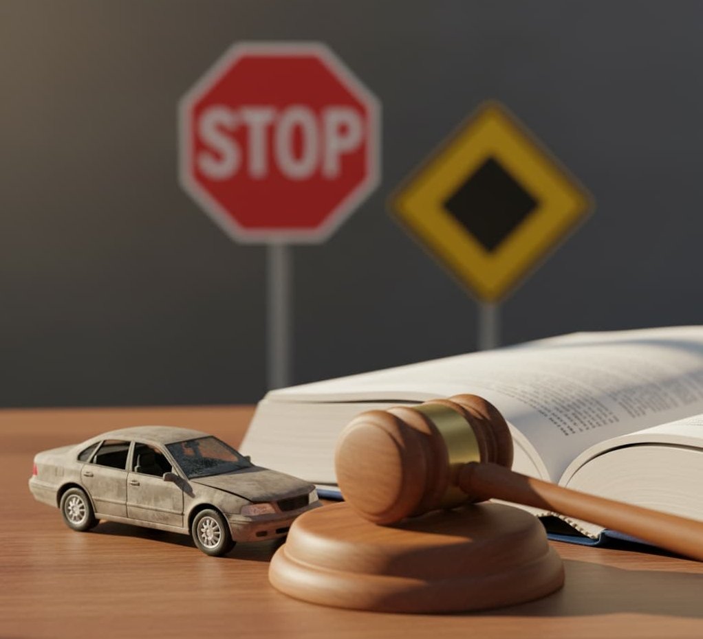 Auto en miniatura junto a un mazo judicial y un libro de leyes, simbolizando reclamos por accidentes de tránsito.
