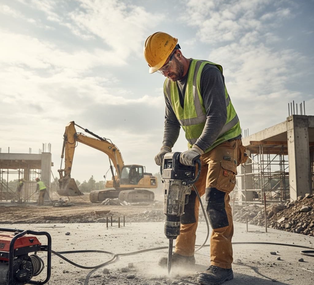 Trabajador con casco y chaleco de seguridad operando maquinaria en obra, representación del derecho laboral y la prevención de riesgos.