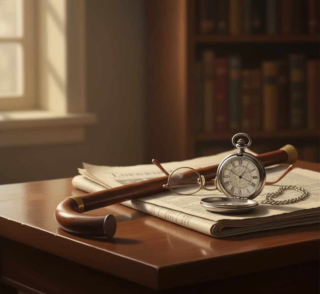 Bastón, reloj de bolsillo y anteojos sobre una mesa, símbolos del retiro y la jubilación.