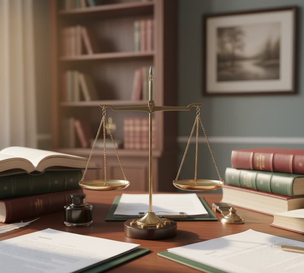 Balanza de la justicia sobre escritorio de abogados especialistas en Veraz.<br />
