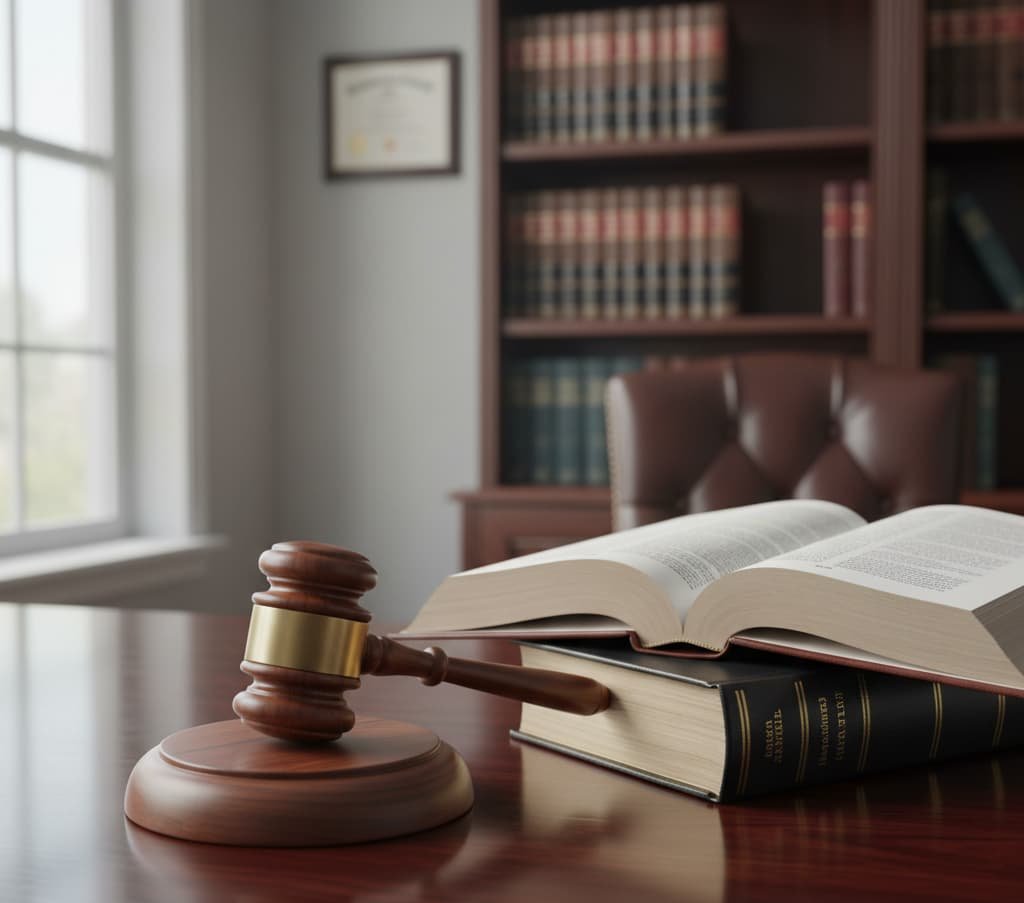 Mazo de juez y libros de derecho sobre escritorio en un estudio jurídico especializado en Veraz