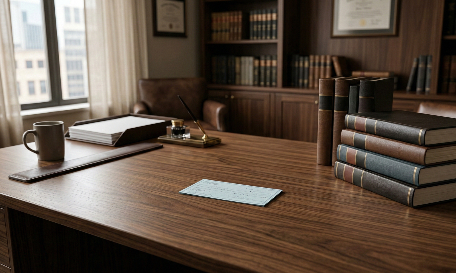 Cobro de pagaré – Abogado de ejecuciones en Argentina Pagaré sobre escritorio de estudio jurídico con libros legales, concepto de ejecución judicial y cobro de deudas en Argentina.