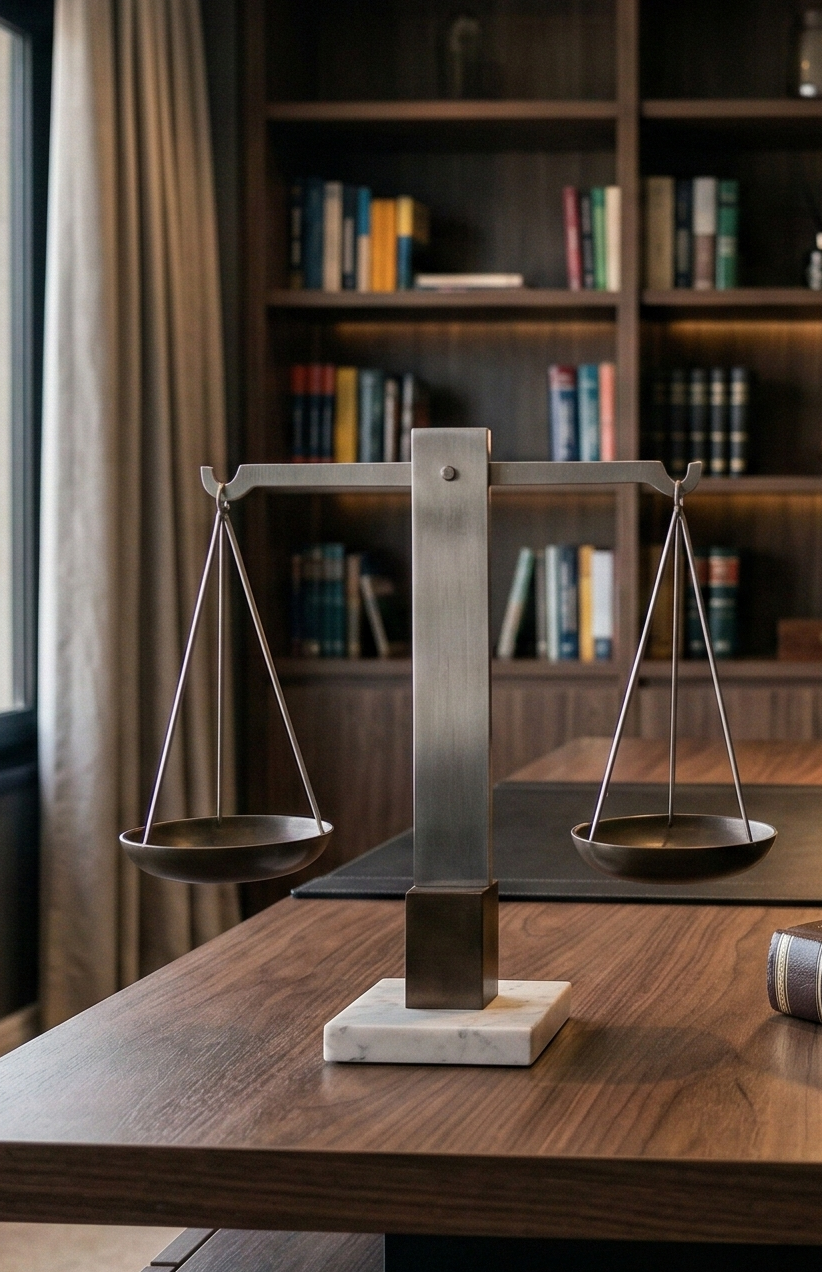 Abogado de ejecuciones – Estudio Sánchez Ferré Interior de estudio jurídico con balanza de la justicia sobre escritorio profesional, concepto de ejecución judicial y cobro de deudas en Argentina.