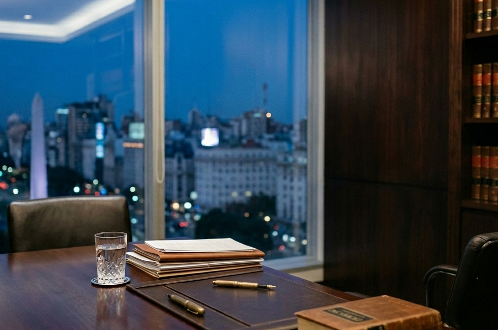 estudio-juridico-profesional Vista de una oficina jurídica elegante con una mesa de madera, libros de derecho y ventana con vista a la ciudad al atardecer.