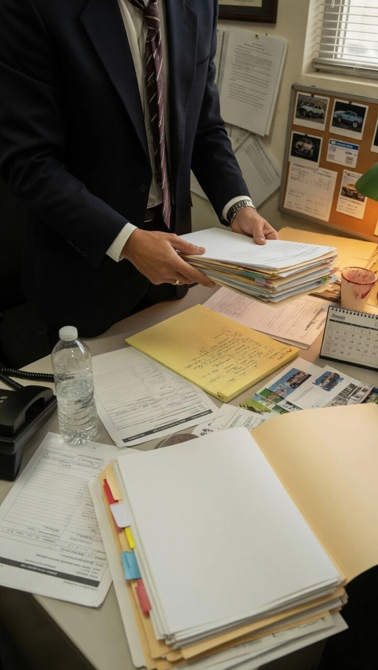 Documentación de casos de accidentes de tránsito Escritorio con documentación y expedientes relacionados con reclamaciones por accidentes de tránsito.