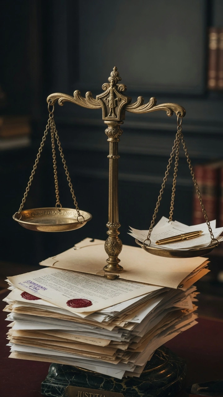 Balanza de la justicia con documentos legales y expedientes, símbolo representativo del derecho civil