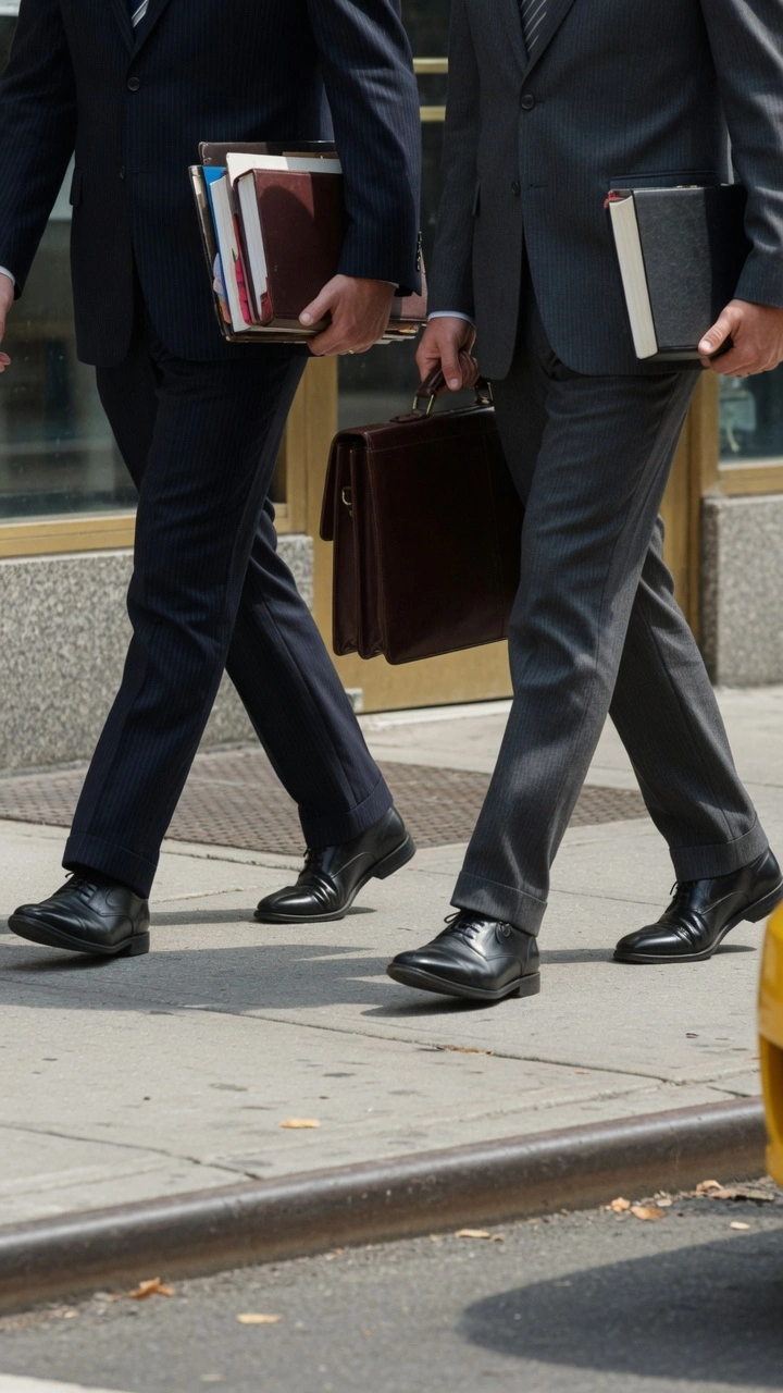 Abogados CABA caminando con maletines y carpetas en las calles de Buenos Aires, representando un estudio jurídico profesional