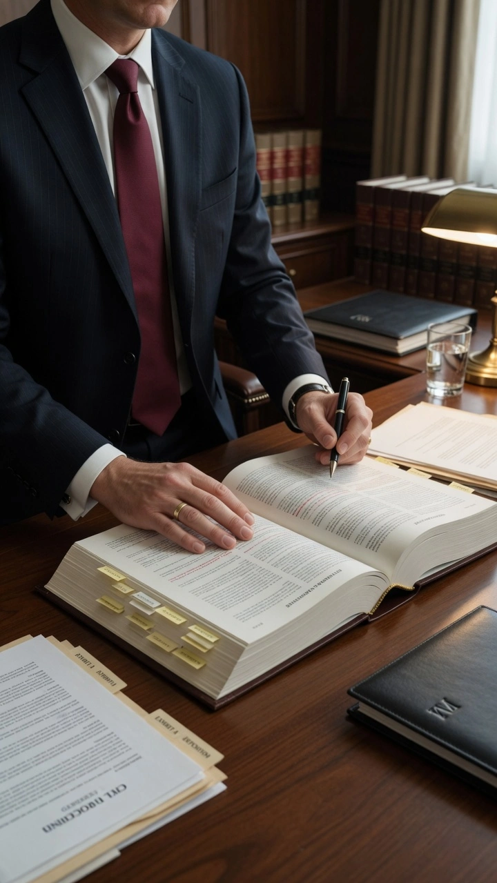 Abogados CABA revisando documentos y libros jurídicos en su escritorio, imagen representativa de un estudio jurídico profesional en Buenos Aires