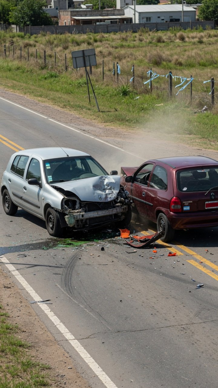 Accidente de tránsito en ruta Choque frontal entre dos autos en una ruta con vidrios y restos esparcidos, imagen representativa de accidentes de tránsito.