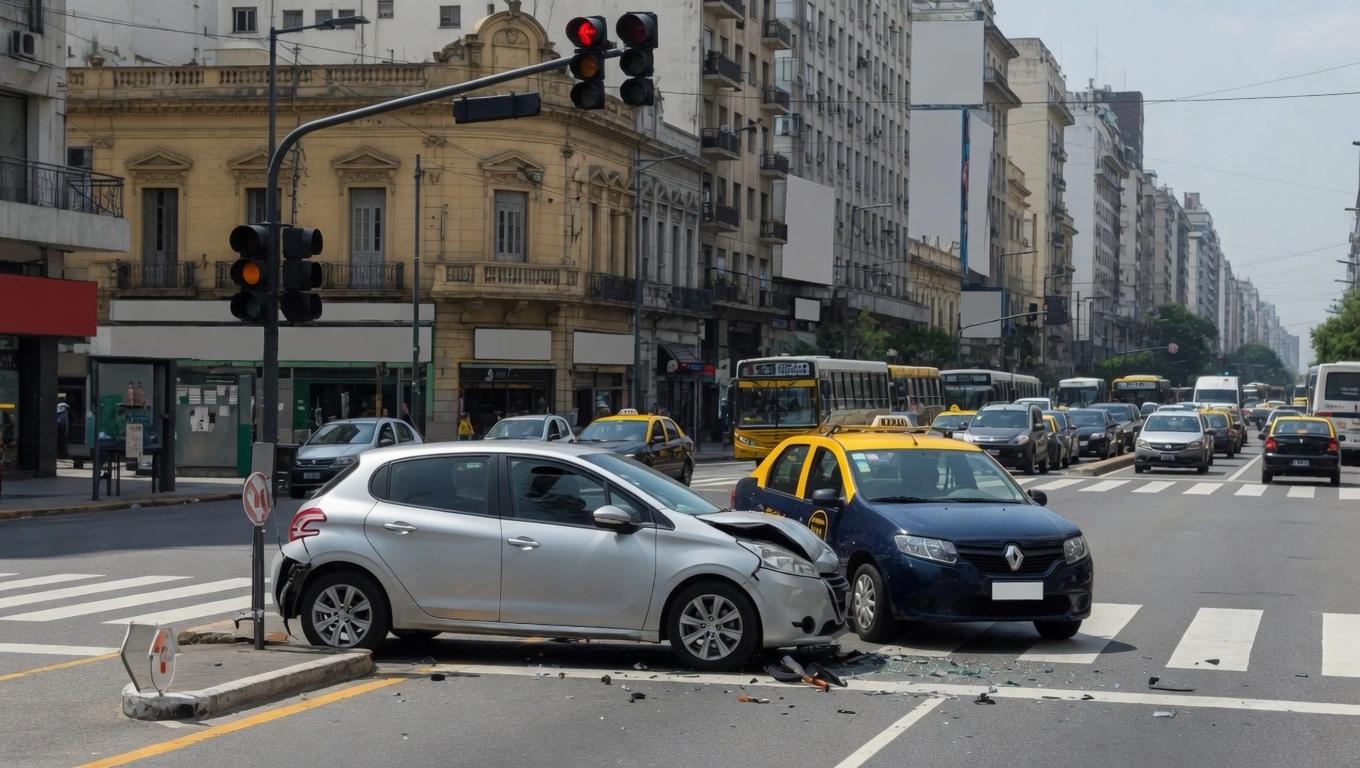 Choque en avenida congestionada Accidente de tránsito en una intersección muy transitada de la ciudad, con dos vehículos colisionados y restos esparcidos en la calle.