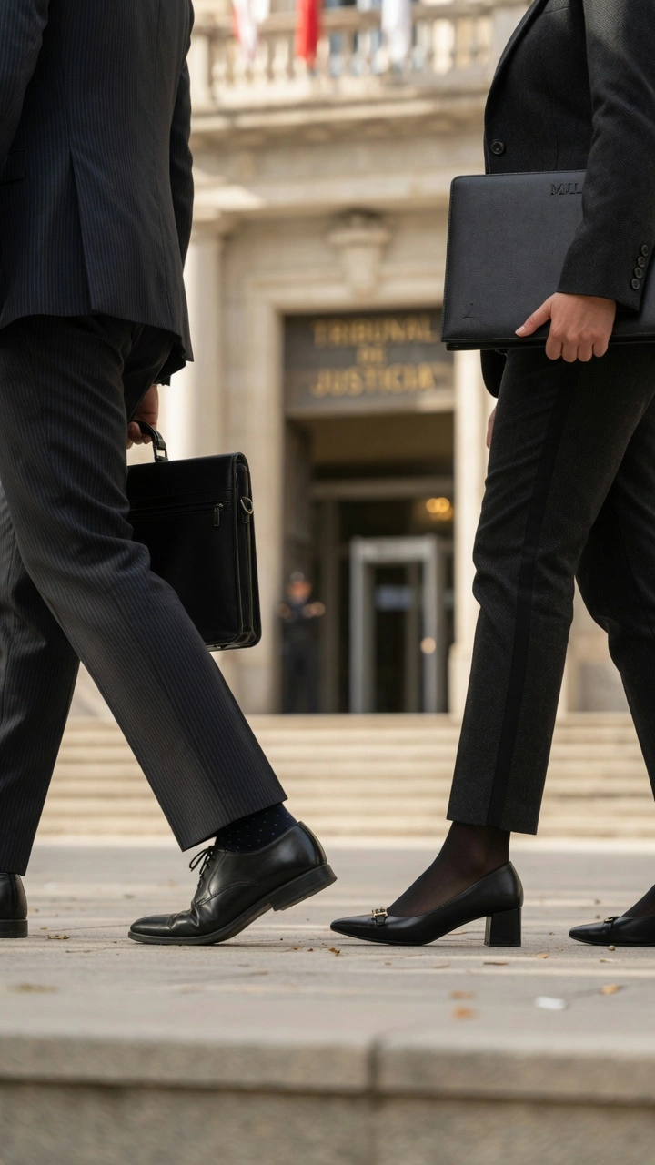 Profesionales en traje caminando frente al Tribunal de Justicia con maletines