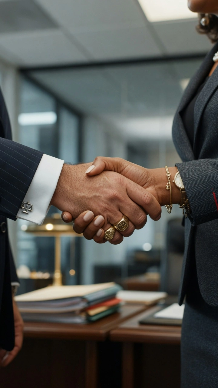 Apretón de manos entre abogados en un estudio jurídico CABA, simbolizando acuerdo profesional y confianza en el derecho laboral