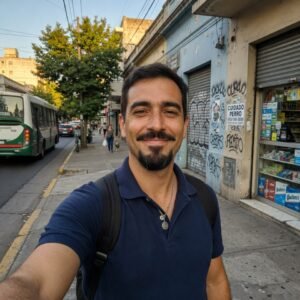 Hombre en una calle urbana transitada con transporte público y peatones, imagen representativa de la vida cotidiana en la ciudad.