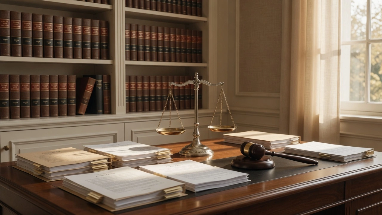 Escritorio profesional de abogado civil con balanza de la justicia, mazo y libros de derecho