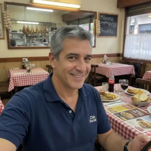 Cliente que contrató a un abogado de familia disfrutando un momento en un restaurante