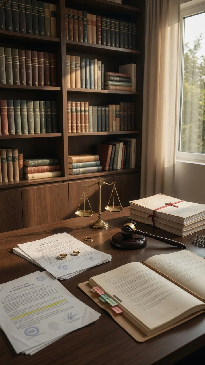 Despacho de un abogado de familia con balanza de la justicia, mazo y documentos legales sobre el escritorio