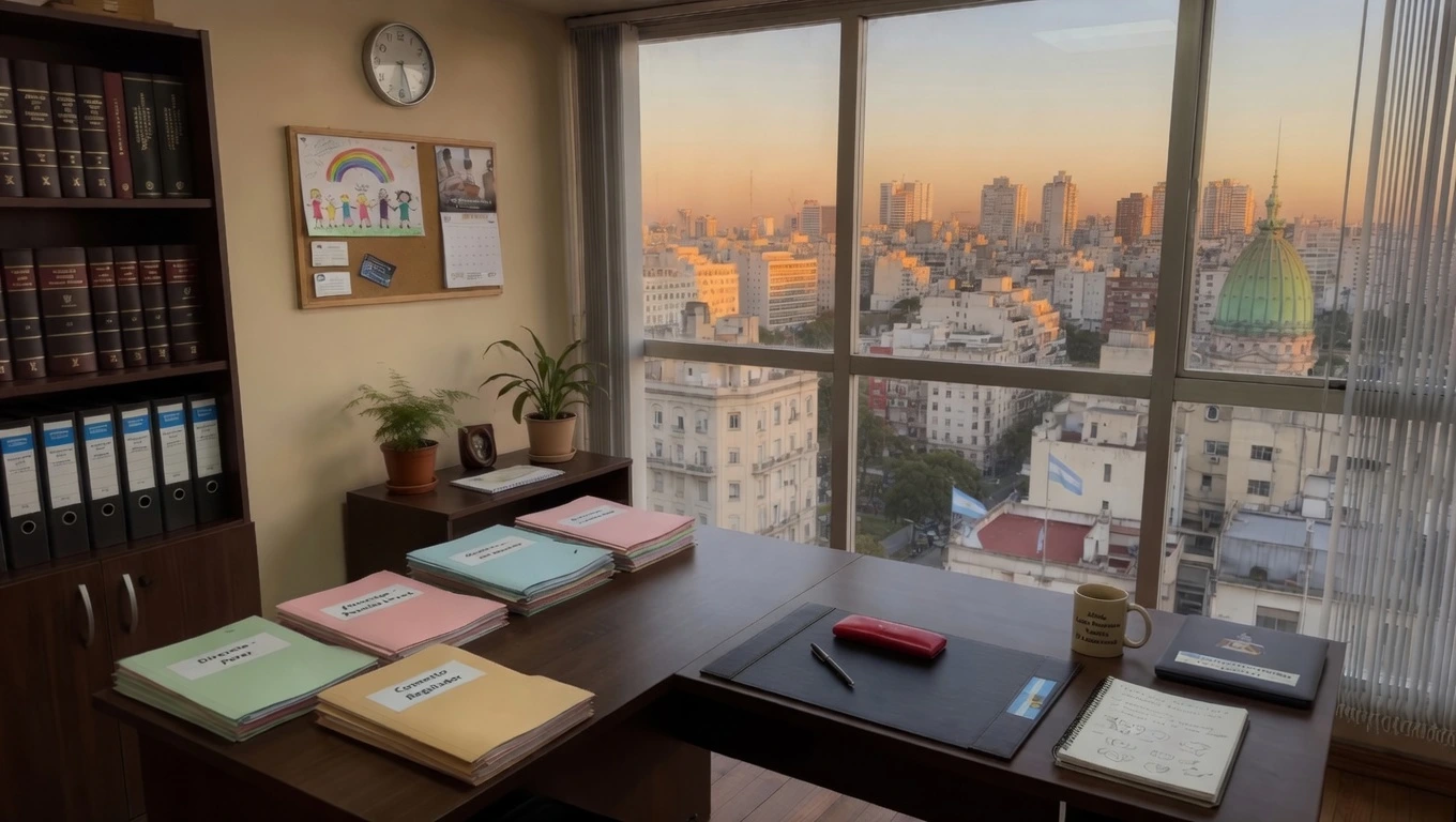 Oficina profesional de un abogado de familia con escritorio lleno de documentos y vista panorámica a la ciudad