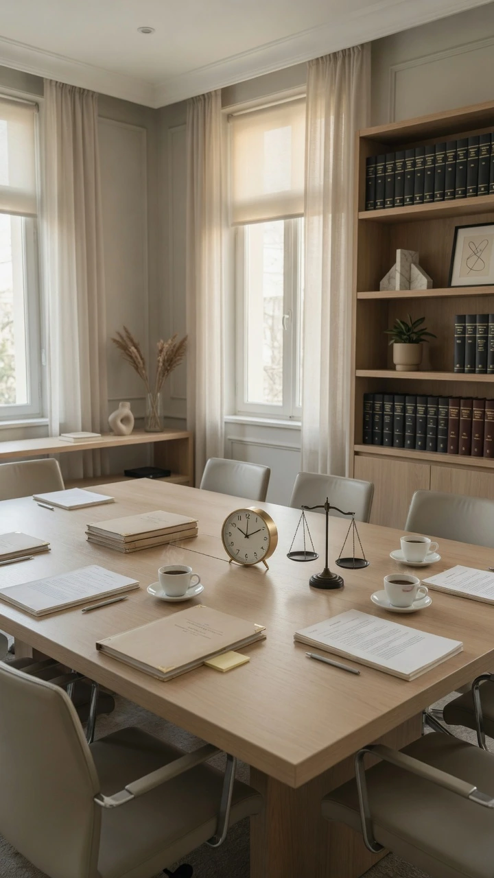 Sala de reuniones profesional de un abogado de familia con mesa de conferencias, documentos y balanza de la justicia