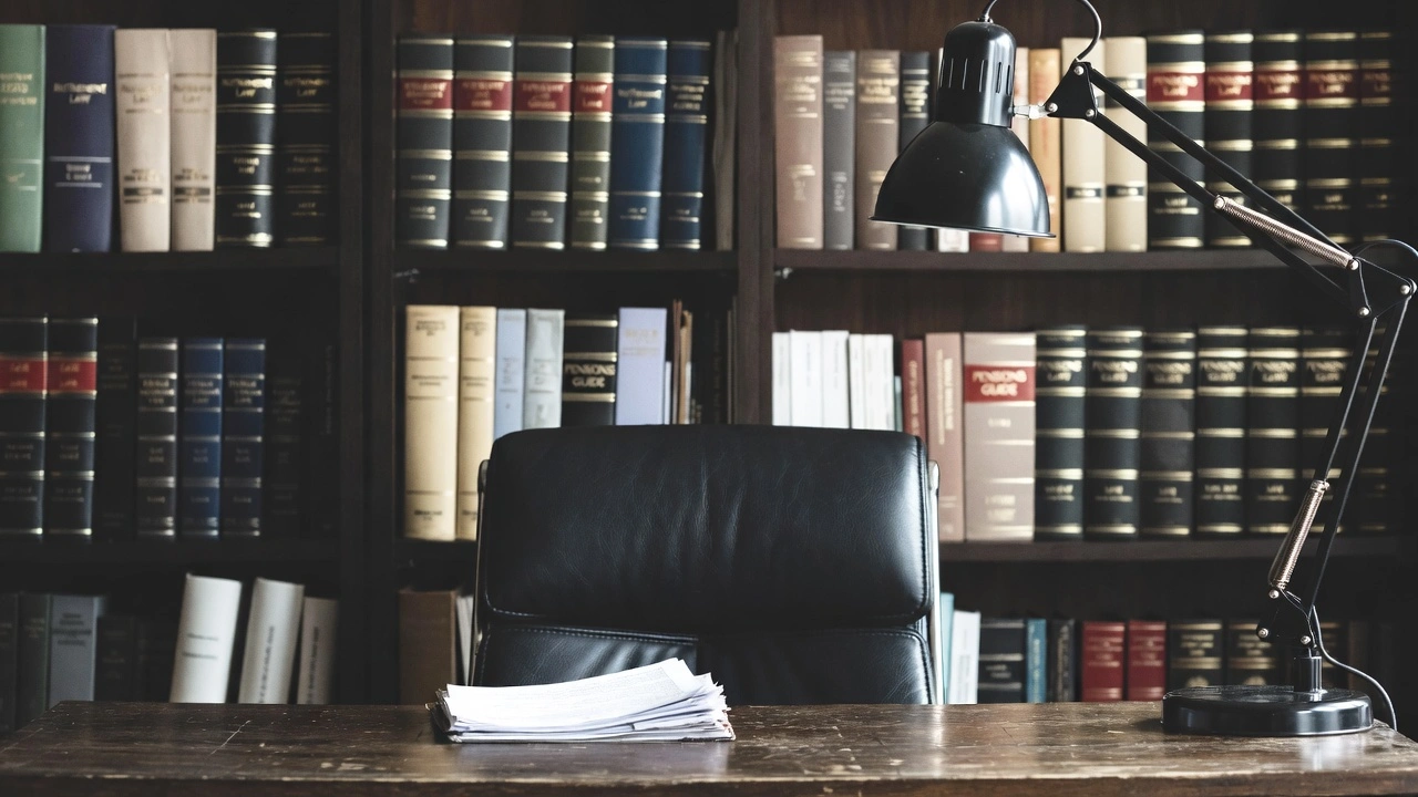 Despacho profesional de abogado de jubilaciones con estanterías llenas de libros de derecho y escritorio de madera