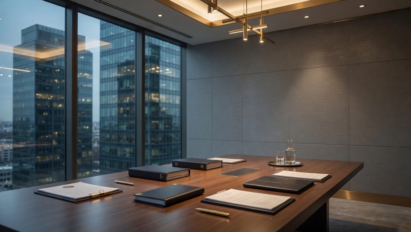 Sala de reuniones moderna para abogado de sociedades con mesa de documentos legales y vista panorámica a la ciudad