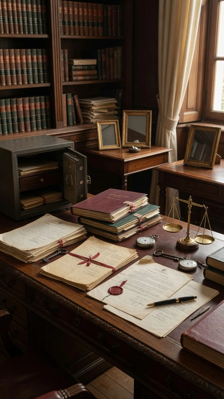 Despacho de un abogado de sucesiones con escritorio lleno de documentos antiguos, libros jurídicos, balanza de la justicia y caja fuerte