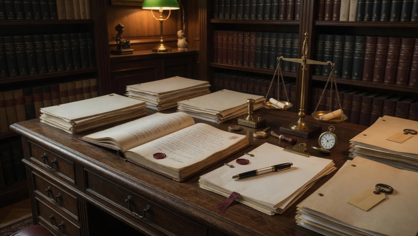 Abogado de sucesiones revisando documentos y expedientes en su despacho profesional con balanza de la justicia y biblioteca jurídica