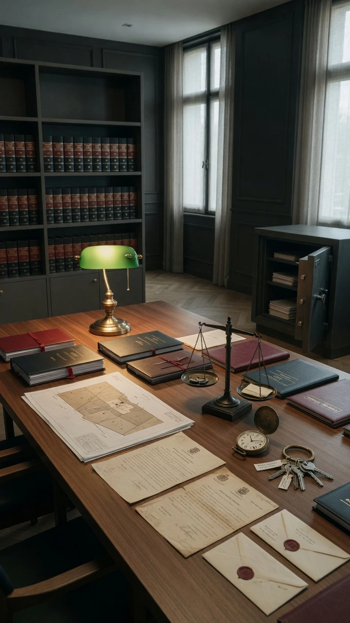 Escritorio de abogado de sucesiones con documentos legales, libros jurídicos, balanza de la justicia y lámpara verde en un despacho profesional