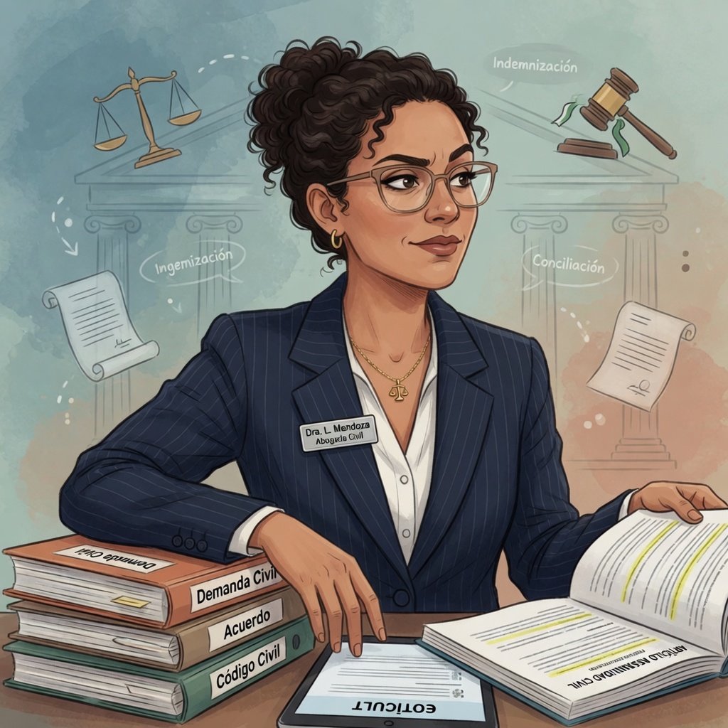 Ilustración de abogada de civil trabajando en su escritorio con libros jurídicos, balanza y elementos del derecho civil y sucesorio