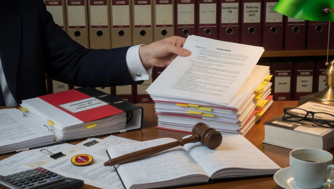 Abogado Laboral Abogado laboral revisando documentación y expedientes en su escritorio profesional con mazo judicial.