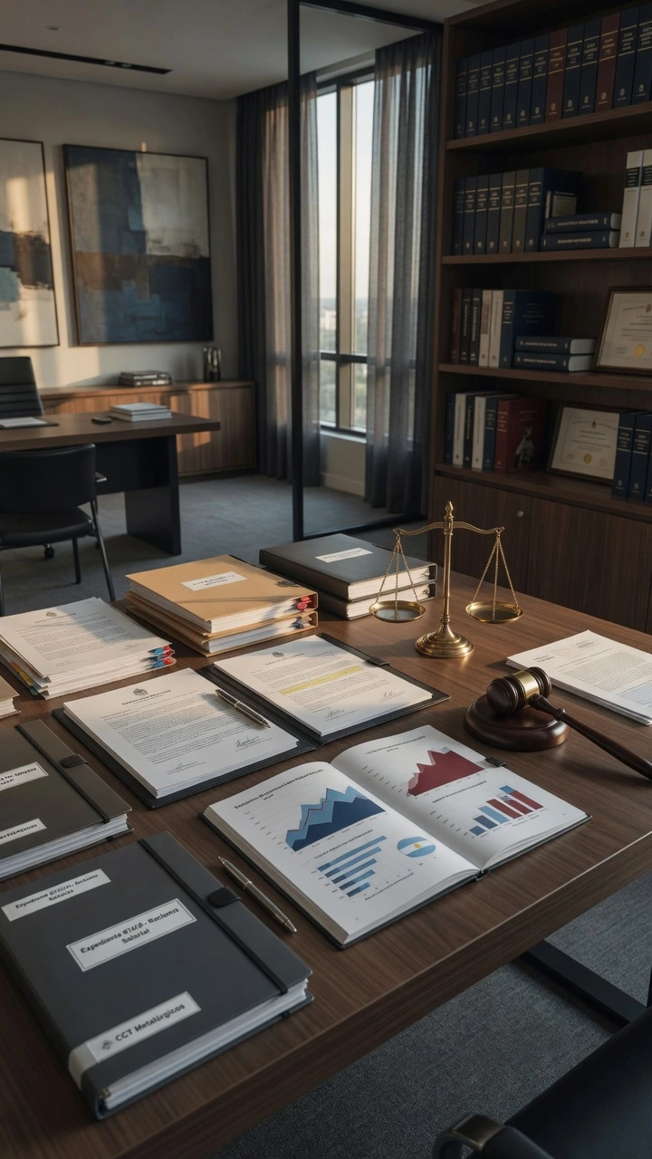 Abogado Laboral Escritorio profesional de abogado laboral con expedientes, documentos legales, balanza de la justicia y mazo judicial en una oficina moderna