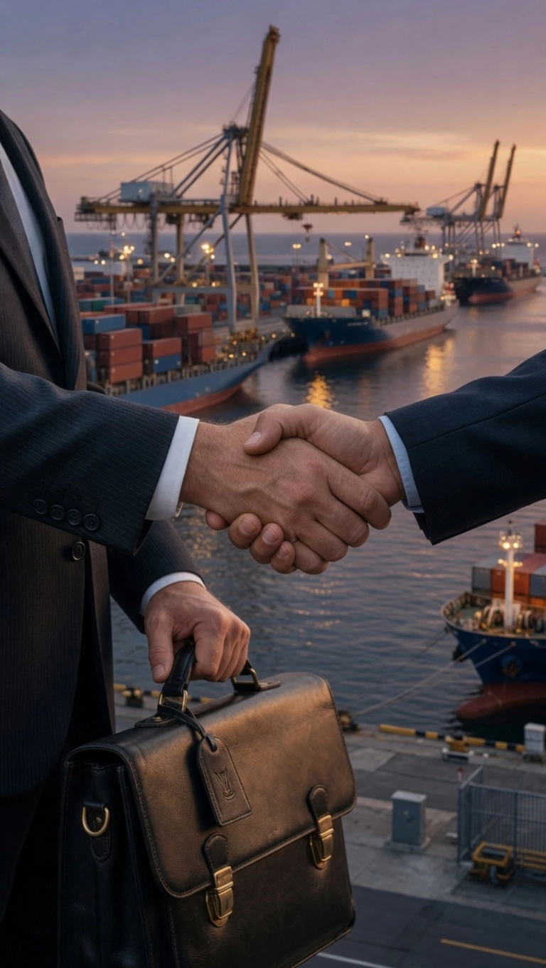 Abogado naval cerrando un acuerdo comercial en puerto marítimo con buques de carga y contenedores