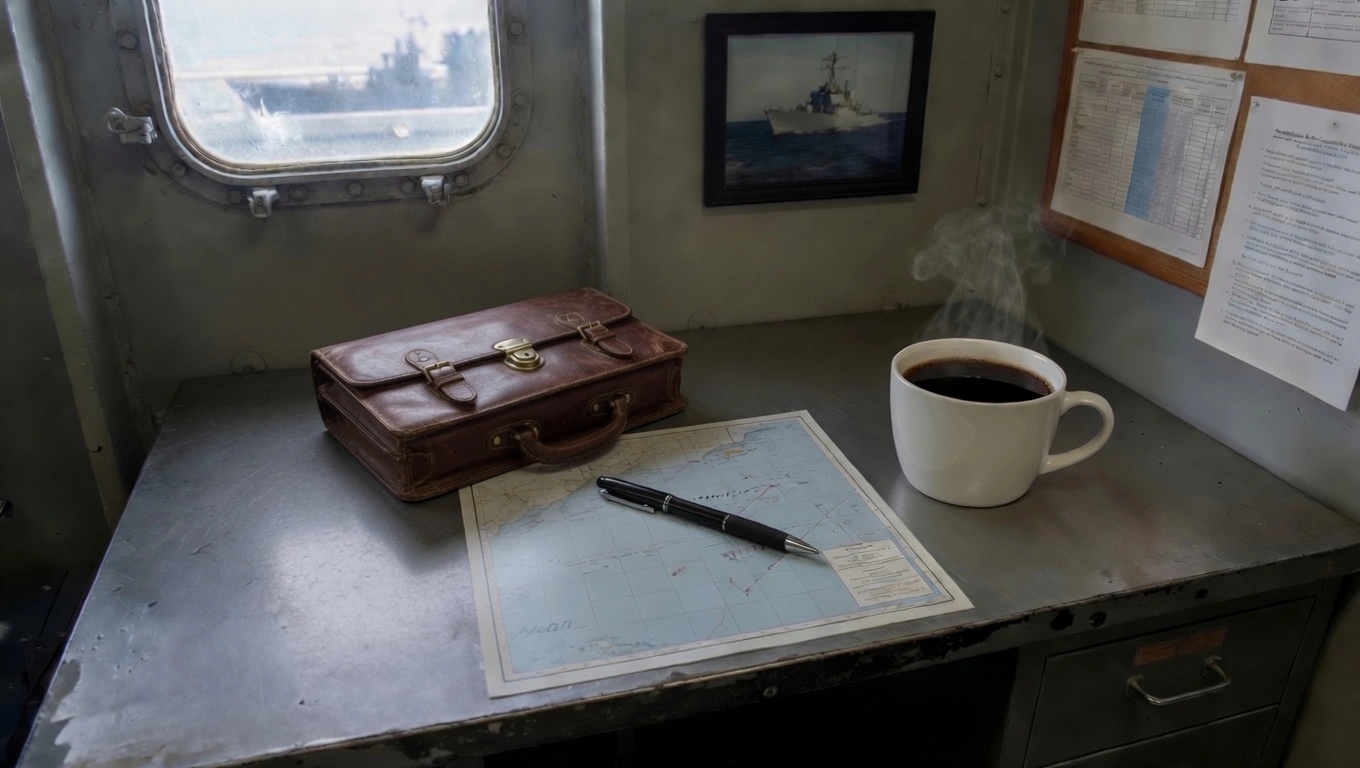 Escritorio de un abogado naval con maletín, mapa náutico y taza de café dentro de un barco