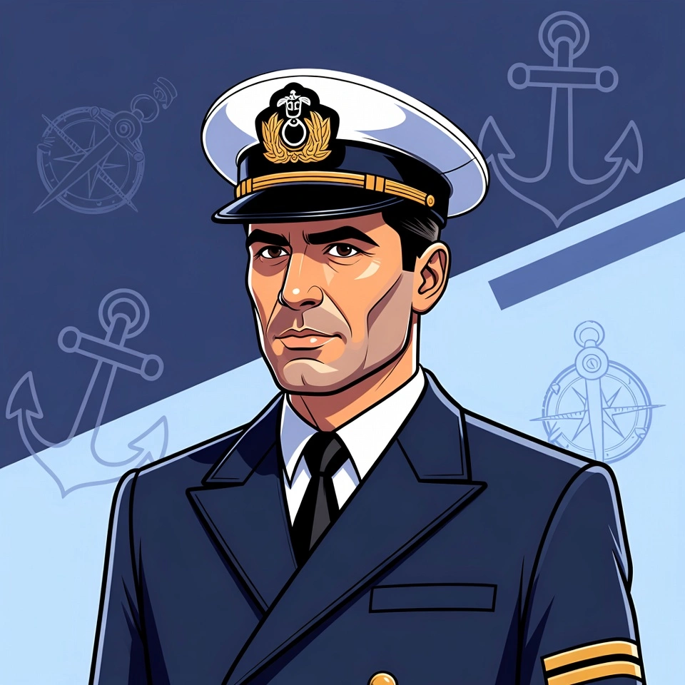 Cliente que contrató al Estudio Sanchez Ferré para un problema naval representado en ilustración como capitán marítimo con uniforme completo y elementos náuticos de fondo