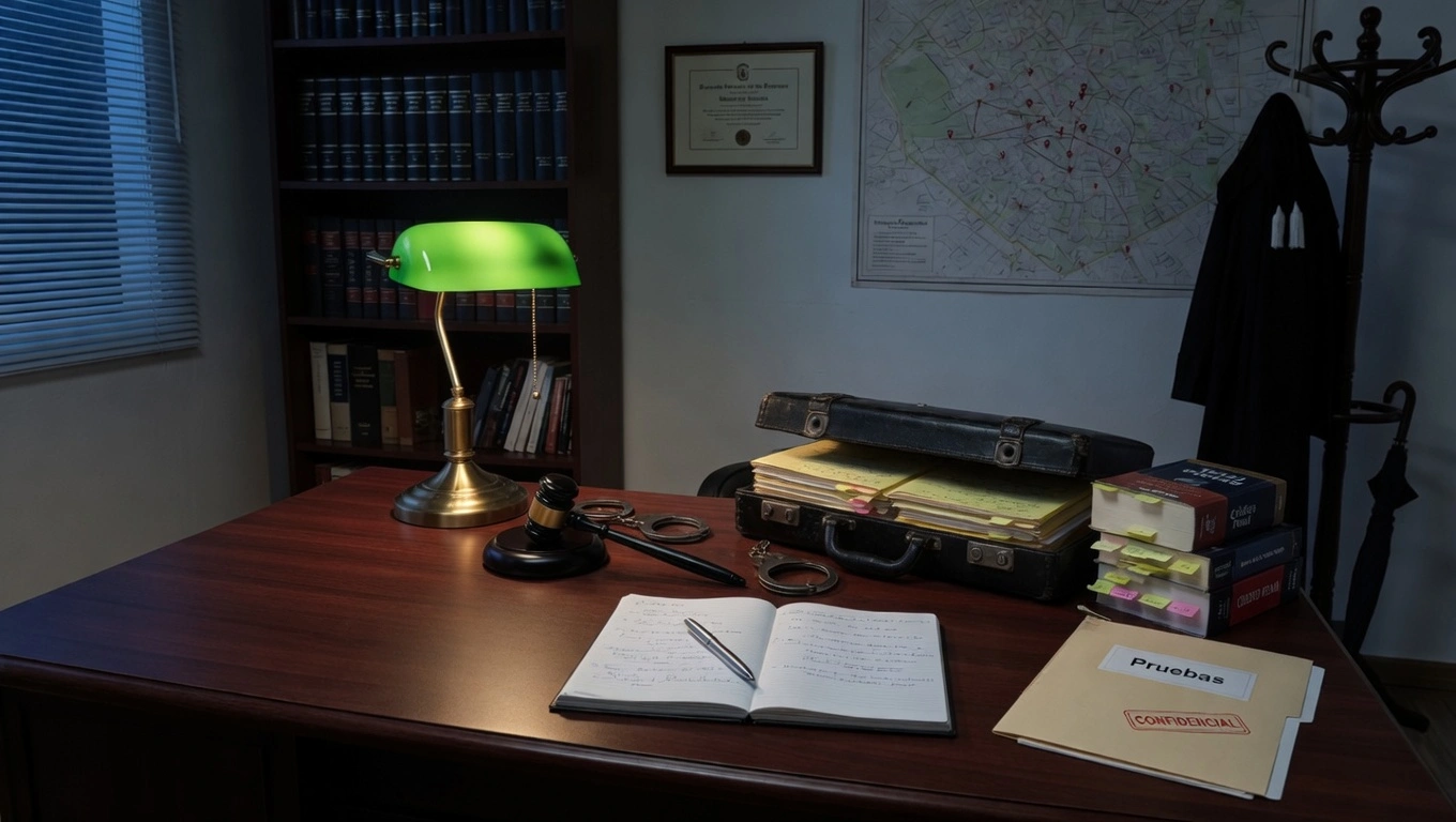 Escritorio de abogado penal con martillo judicial, esposas y carpeta de pruebas confidenciales en una oficina profesional