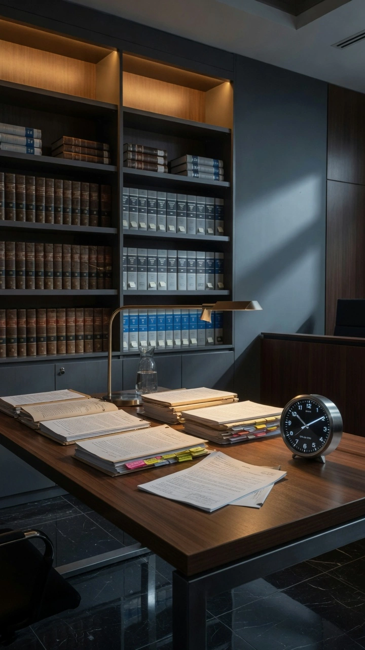 Escritorio de abogado penal en una oficina moderna con estanterías llenas de libros de derecho y múltiples expedientes sobre la mesa