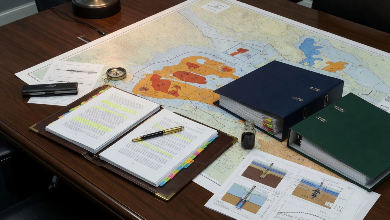 Abogado Petrolero Escritorio de un abogado petrolero con mapas geológicos, documentos legales y carpetas profesionales