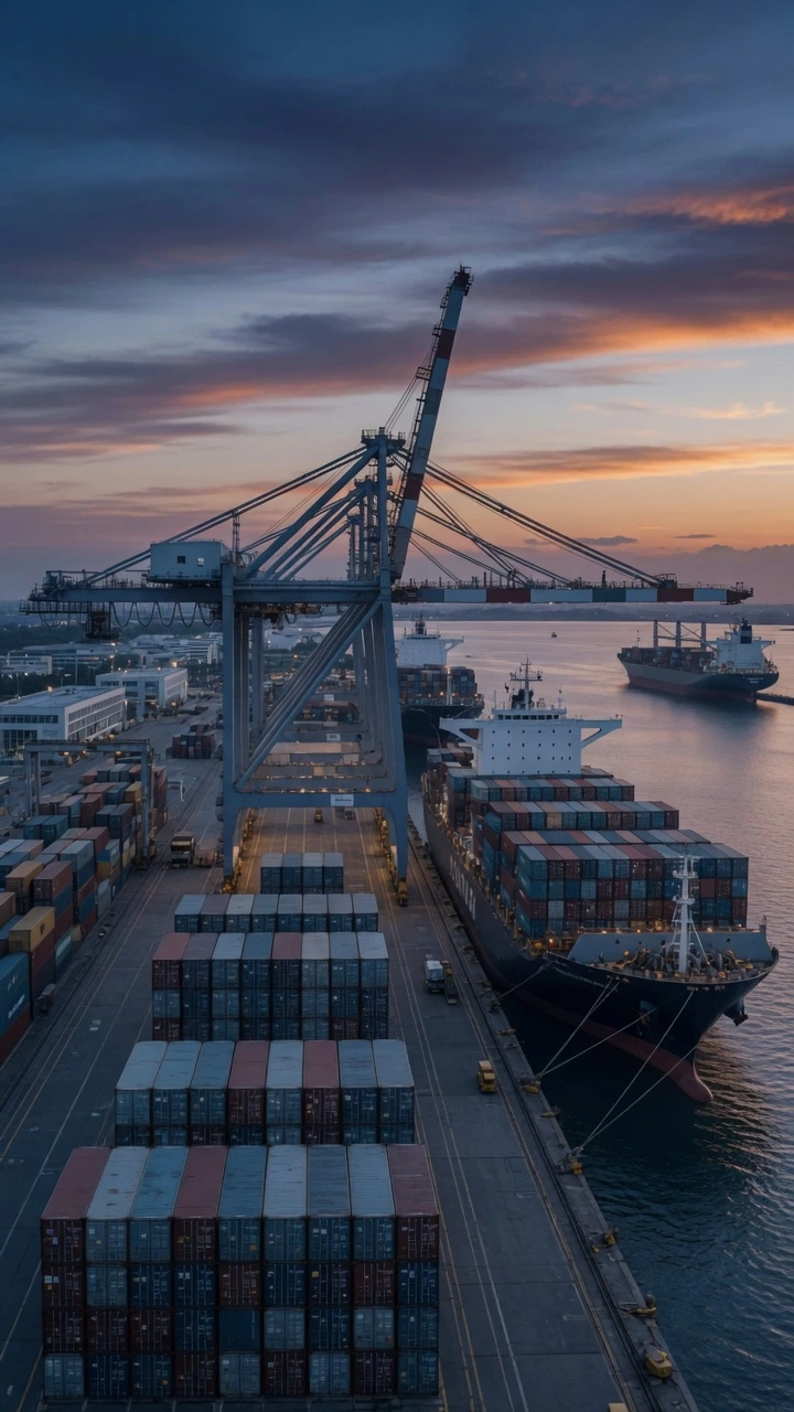 Texto alternativo:<br />
Vista aérea de un puerto marítimo moderno al atardecer con grúas pórtico, contenedores apilados y un gran buque portacontenedores atracado, con otro barco en la distancia.