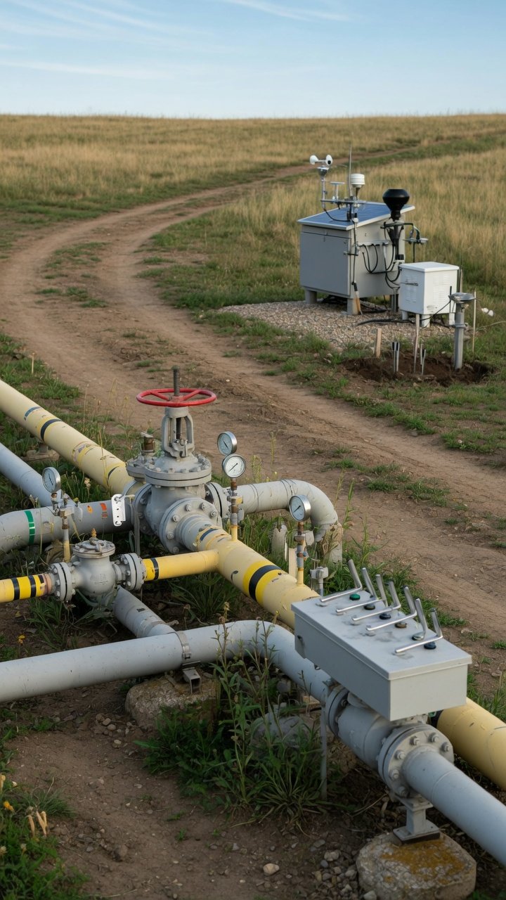 Abogado petrolero: válvulas y tuberías en campo petrolero Detalle de válvulas industriales con volante rojo, tuberías amarillas y grises y medidores de presión instalados en un campo rural abierto, infraestructura típica de la industria petrolera.