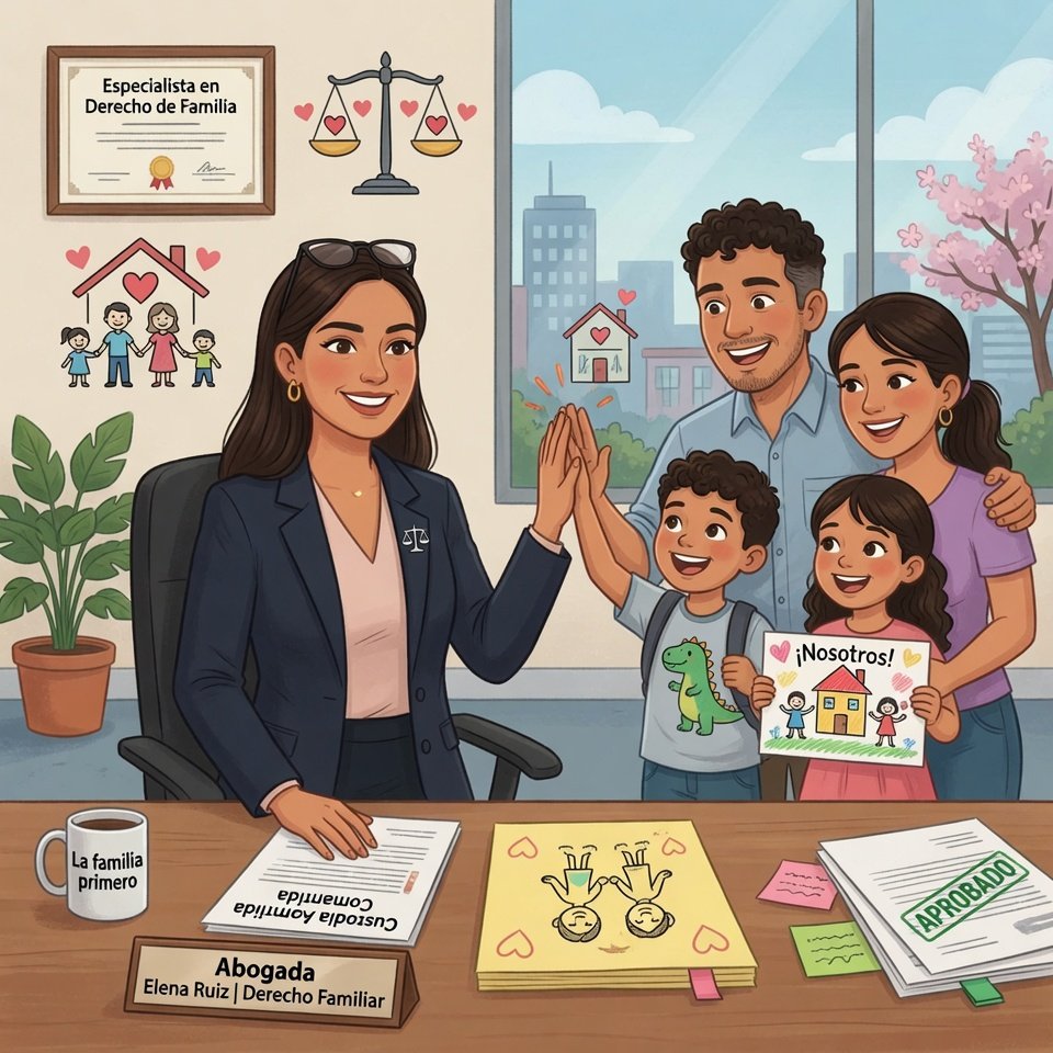 Ilustración de abogado previsional en reunión exitosa con una familia en el despacho profesional