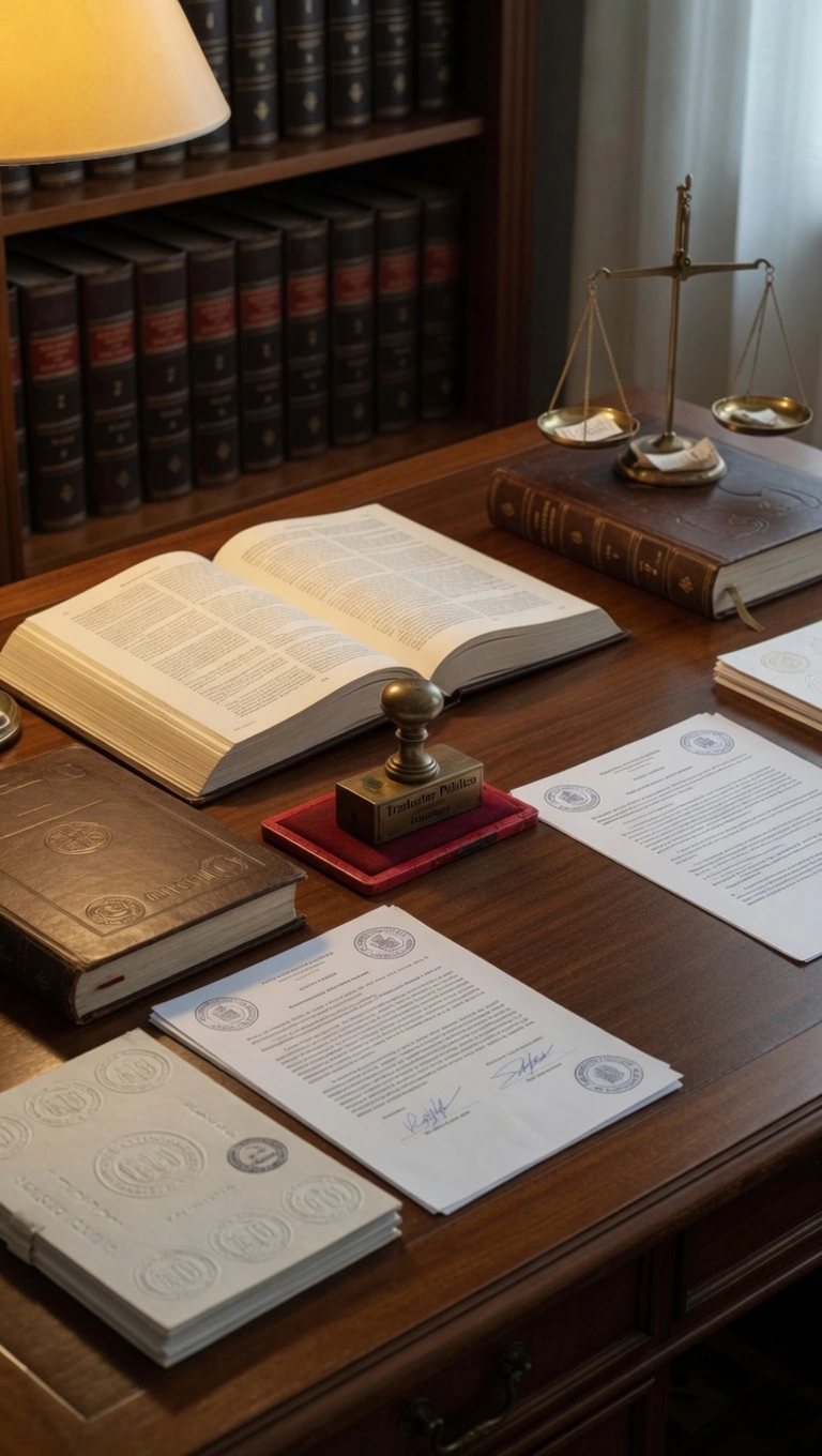 Escritorio profesional de traductor público con libros jurídicos, documentos oficiales sellados y elementos notariales.