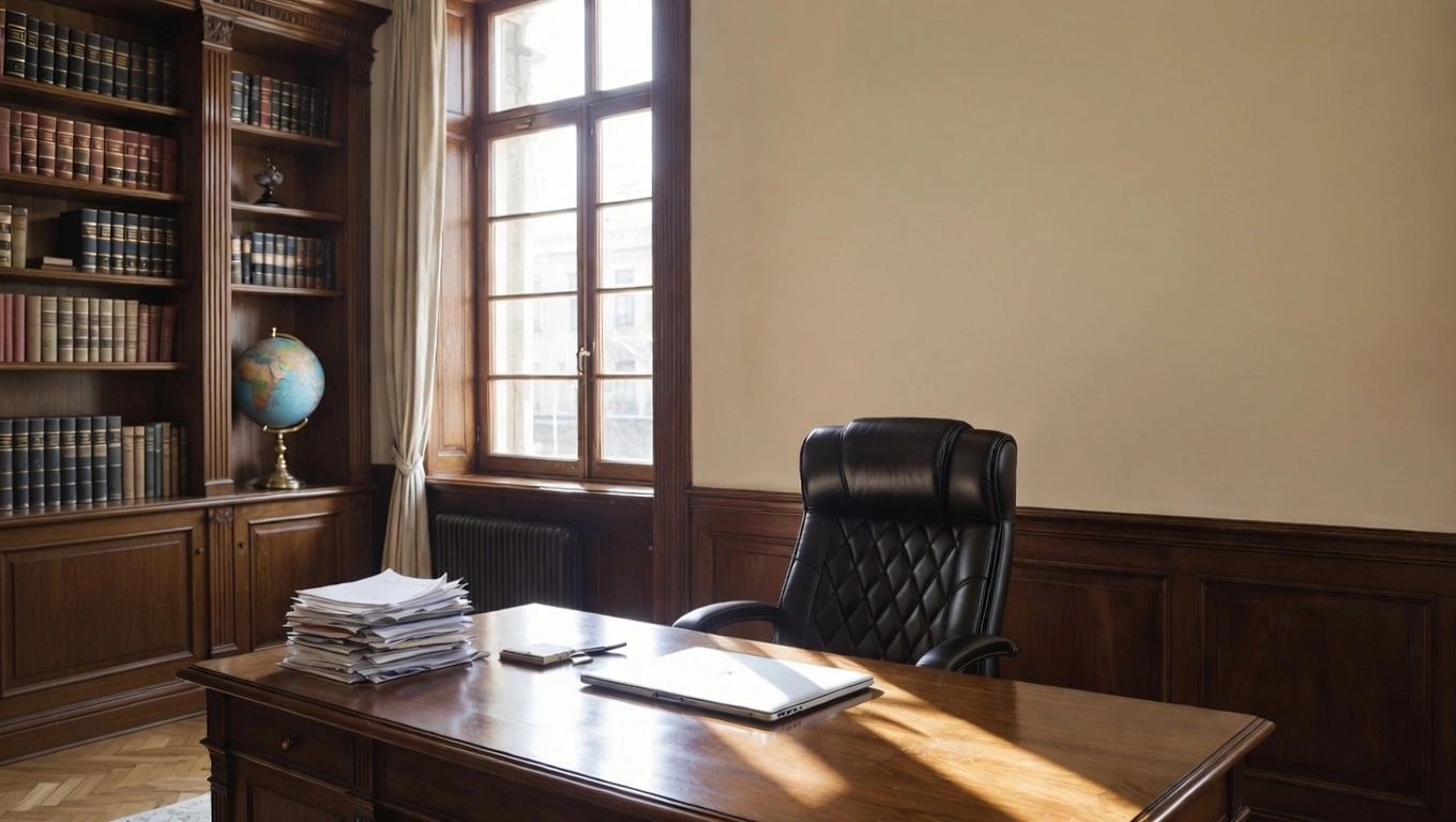 Oficina profesional de traductor público con escritorio de madera, documentos apilados y estanterías llenas de volúmenes jurídicos
