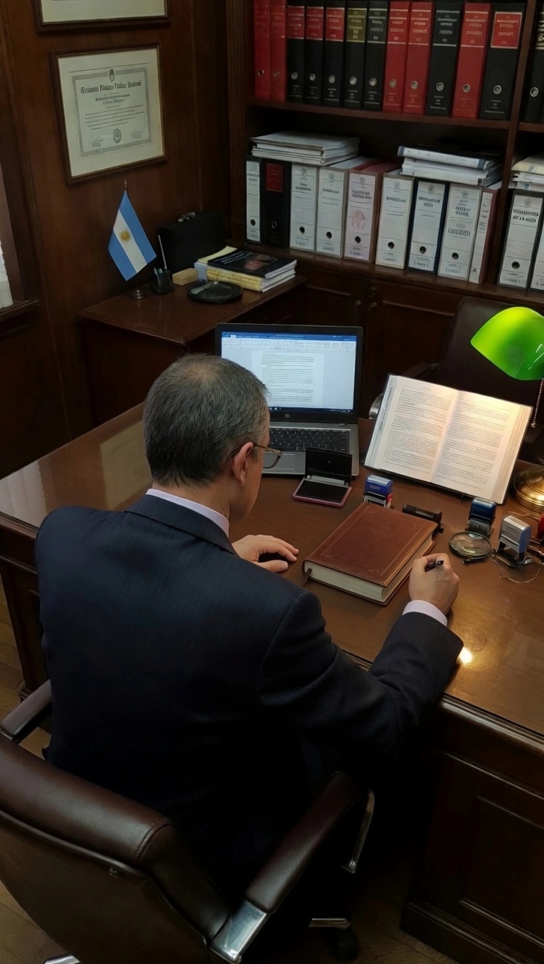 Oficina profesional de traductor público con escritorio de madera, laptop y estanterías llenas de libros jurídicos.