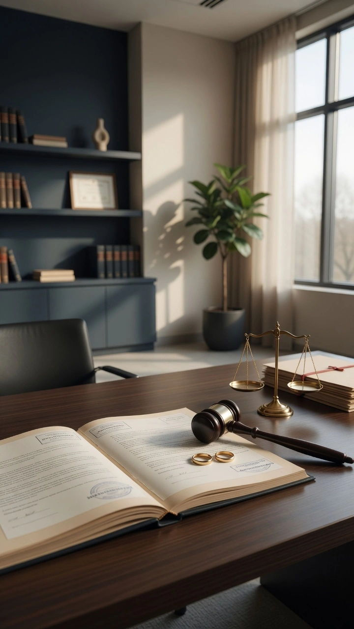 Escritorio profesional de despacho jurídico con libro de documentos legales abierto, mazo judicial, dos anillos de boda y balanza de la justicia representando un proceso de divorcios express