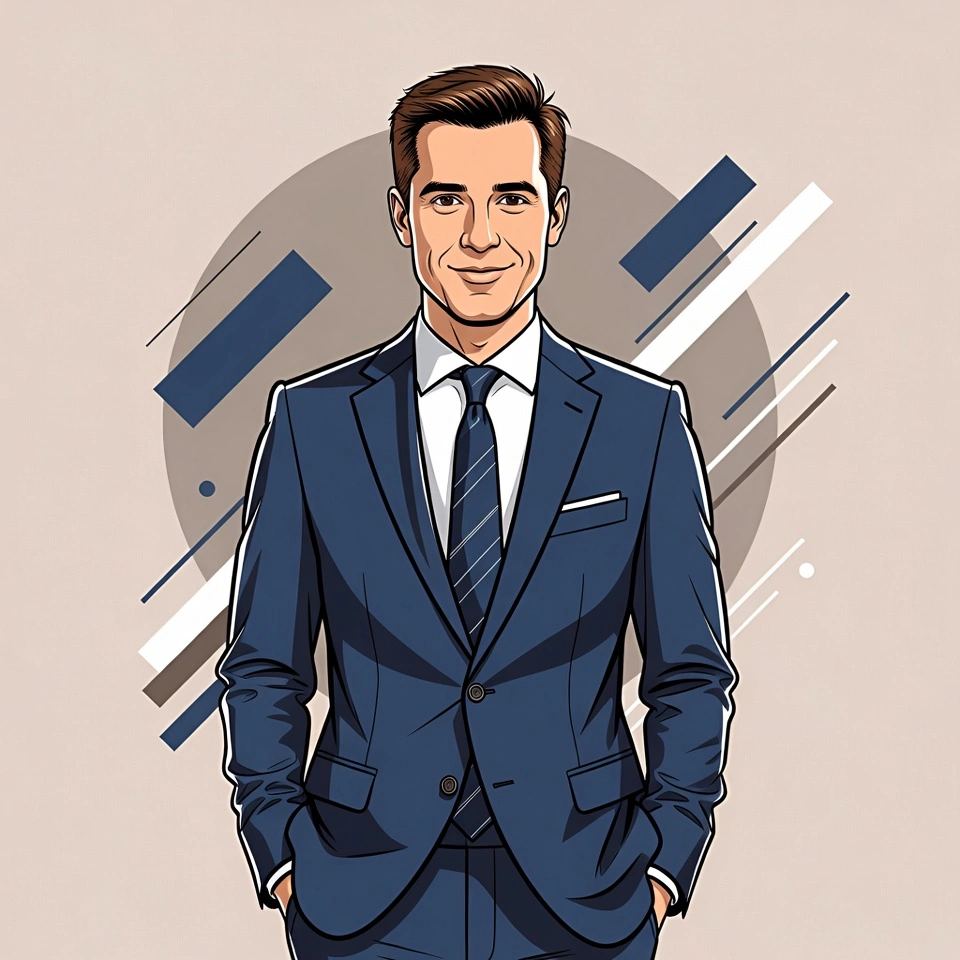Ilustración de un hombre profesional con traje azul sonriente que representa a un cliente en un proceso de divorcios express