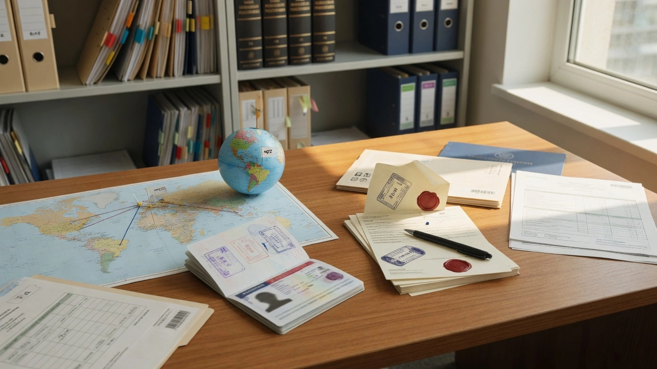 Escritorio profesional con mapamundi, pasaportes, visas y documentos oficiales sellados, elementos clave en el trabajo de un abogado migratorio.