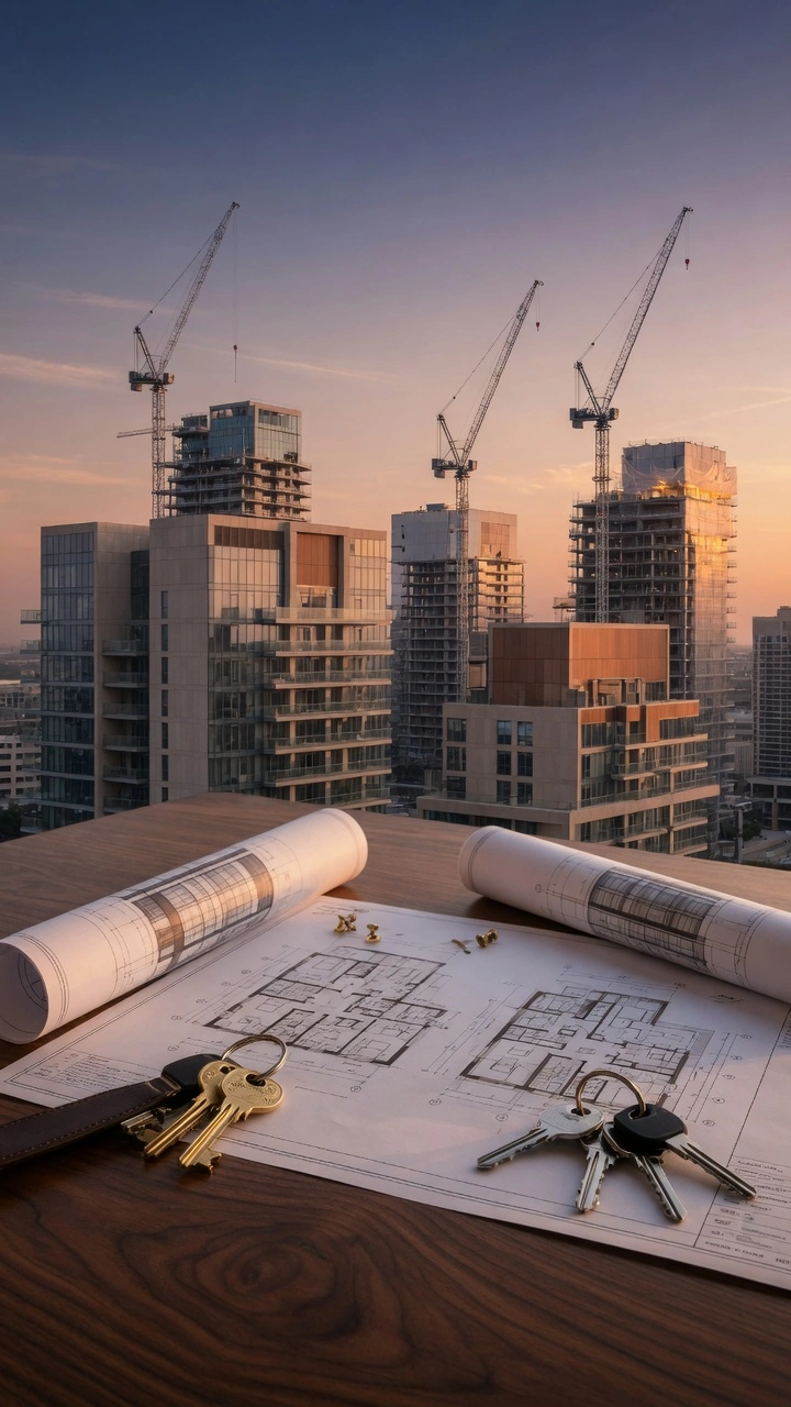 Planos de arquitectura, llaves y vista de una ciudad en construcción sobre un escritorio de estudio jurídico