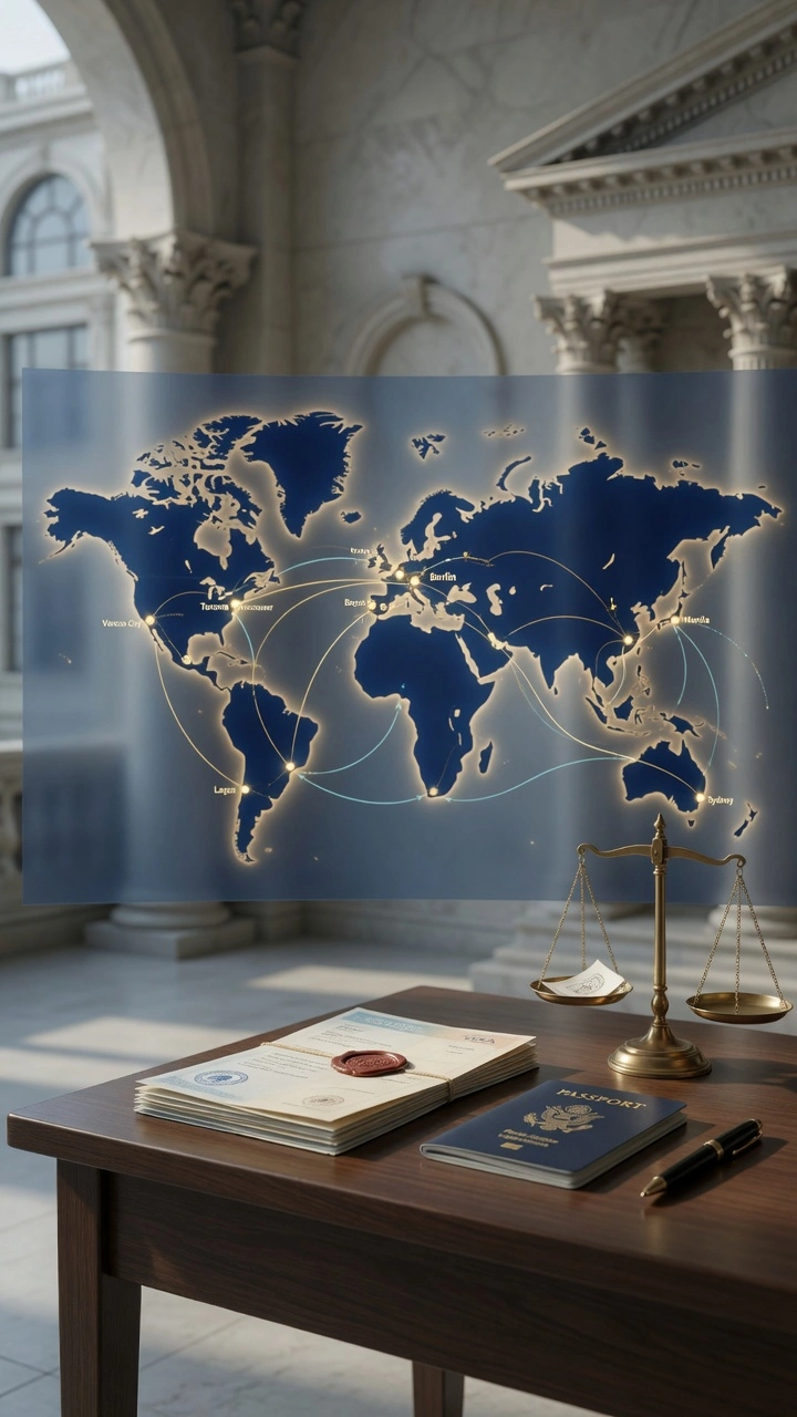Mapa mundial con rutas internacionales de viaje, pasaportes, visas y documentos oficiales sobre un escritorio junto a la balanza de la justicia.