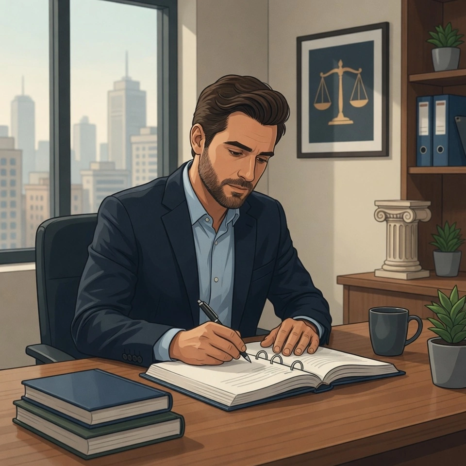 Profesional revisando documentación de derecho administrativo en oficina con vista urbana, persona que contrató al Estudio Sanchez Ferre para resolver un problema con organismos públicos y trámites administrativos