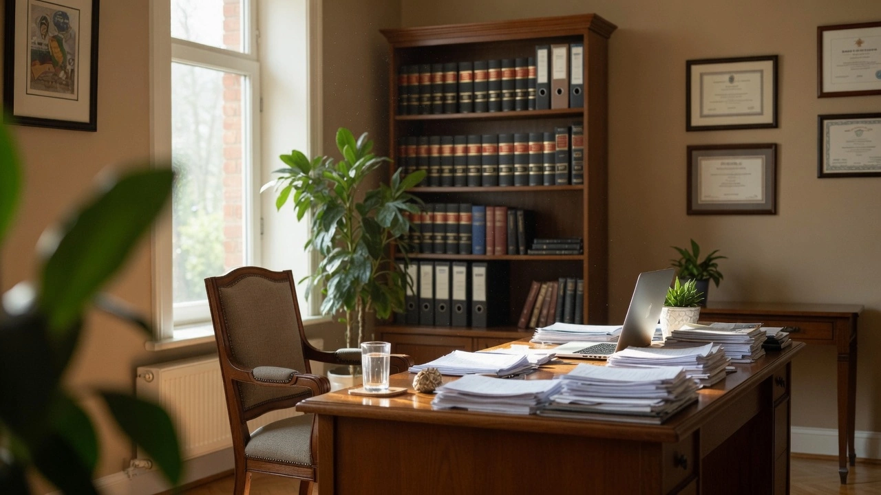 Oficina de abogados con escritorio de madera, libros legales y documentación sobre casos de derecho ambiental. Espacio de trabajo profesional donde un cliente se reunió con un abogado ambientalista para resolver su conflicto ecológico.